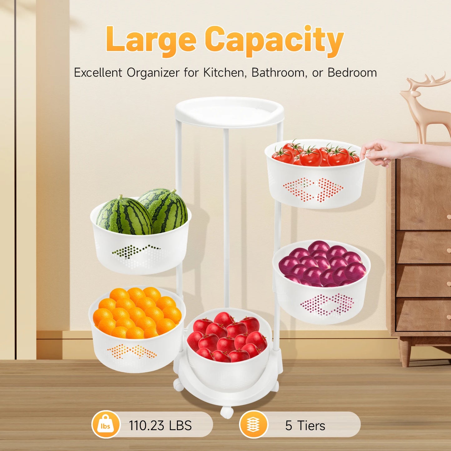 5-Tier Rotating Storage Rack With Casters Perforated Baskets