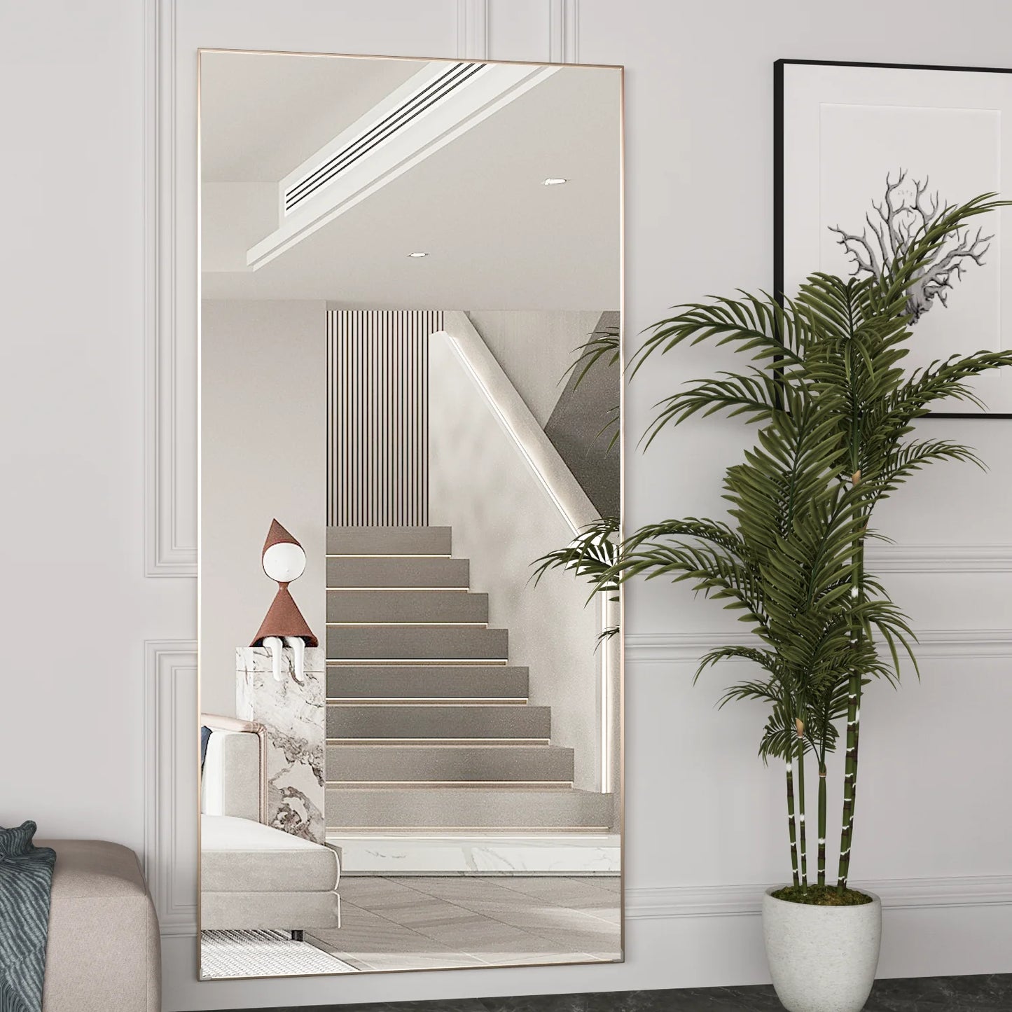 Full Body Floor Mirror With Black Metal Frame Decor