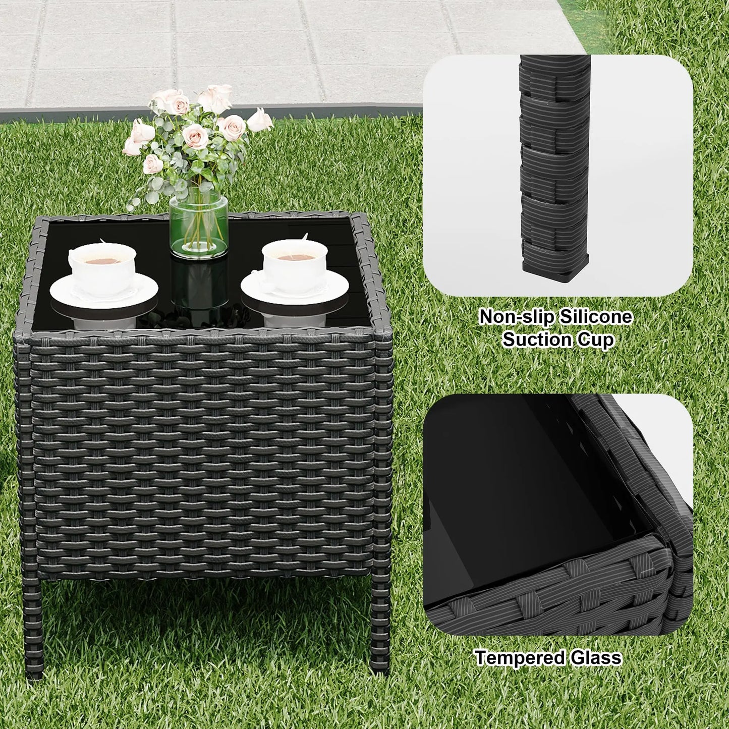 HiMISS 3-Piece Outdoor Wicker Patio Set With Glass Coffee Table