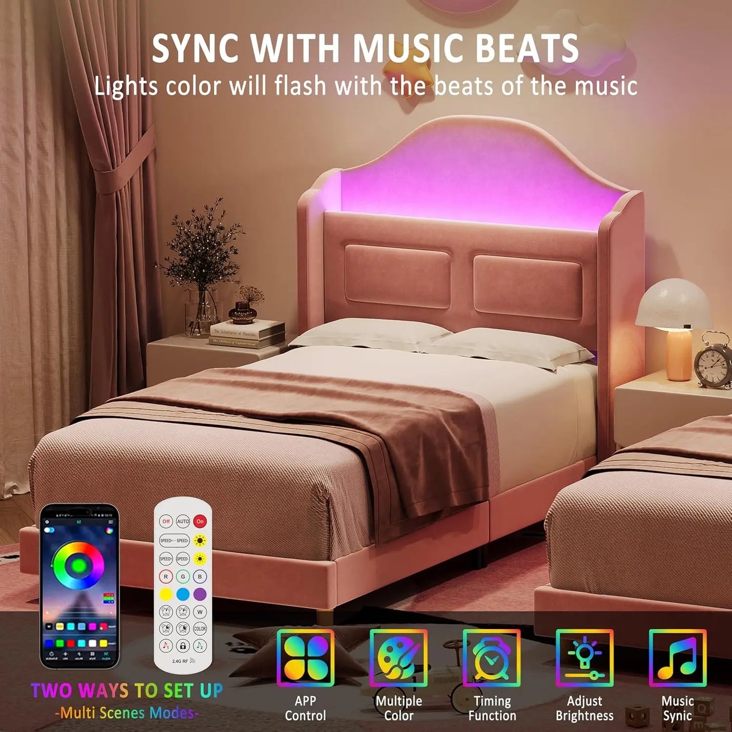 HiMISS Upholstered Bed Frame With LED Lights And Storage Headboard