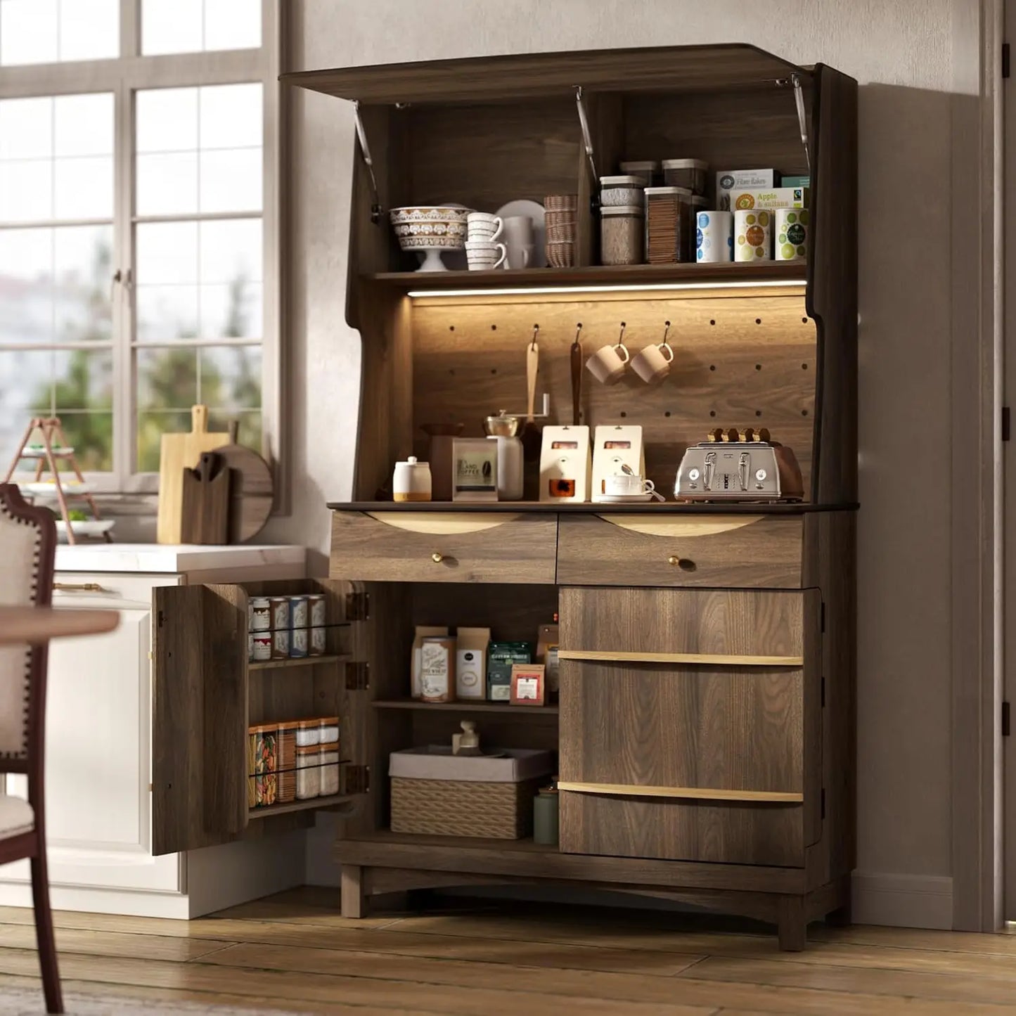 Huanzhuang Kitchen Pantry Cabinet With Power Outlets And LED Light