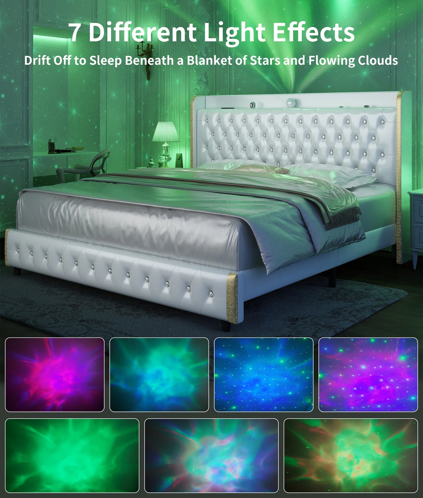 GEGOFORU LED Upholstered Bed Frame With Galaxy Headboard