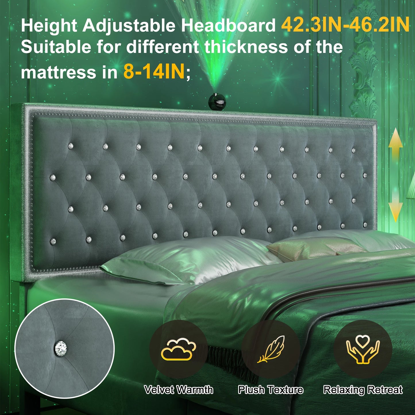 GEGOFORU LED Bed Frame With Galaxy Projector Rivet Trim Headboard