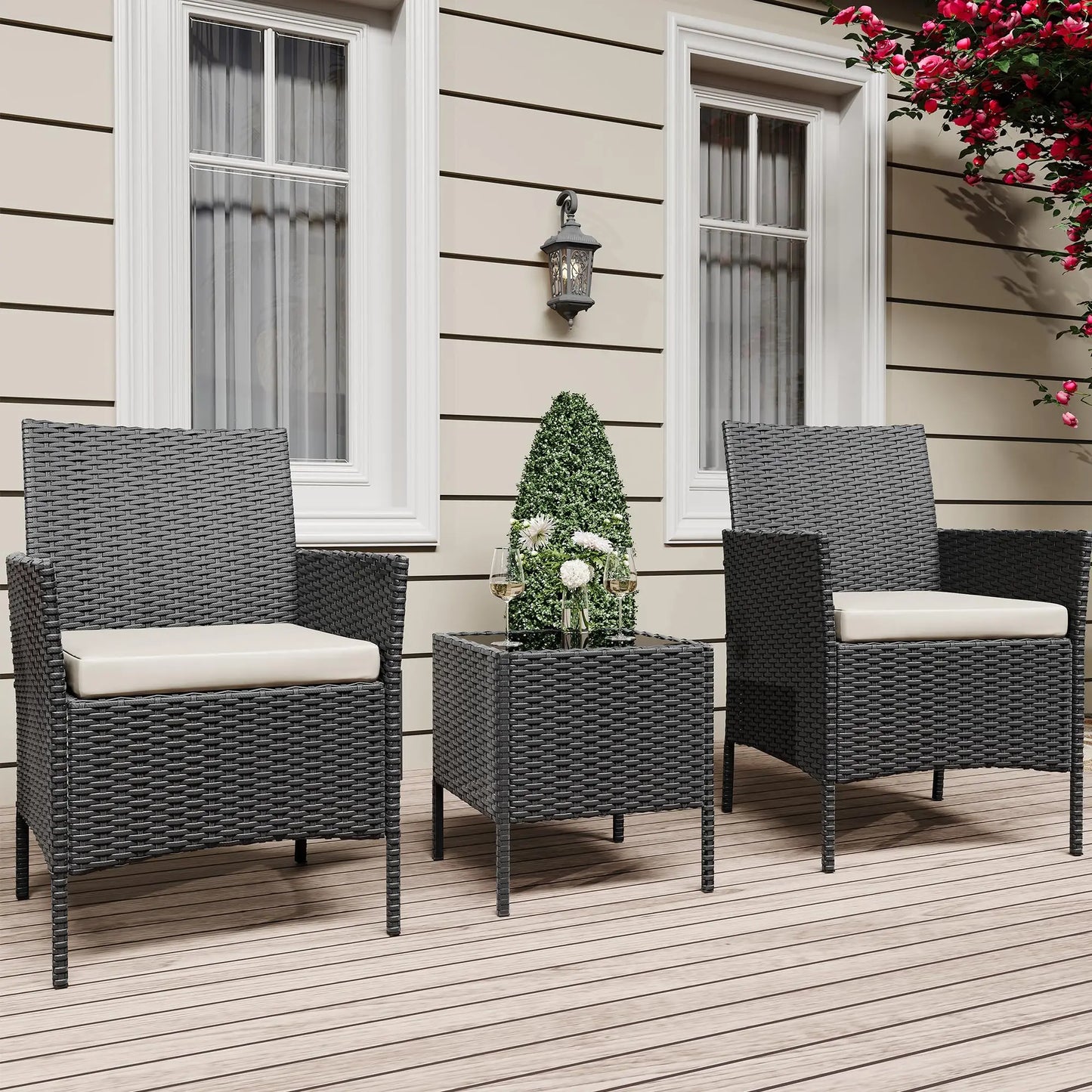 HiMISS 3-Piece Outdoor Wicker Patio Set With Glass Coffee Table
