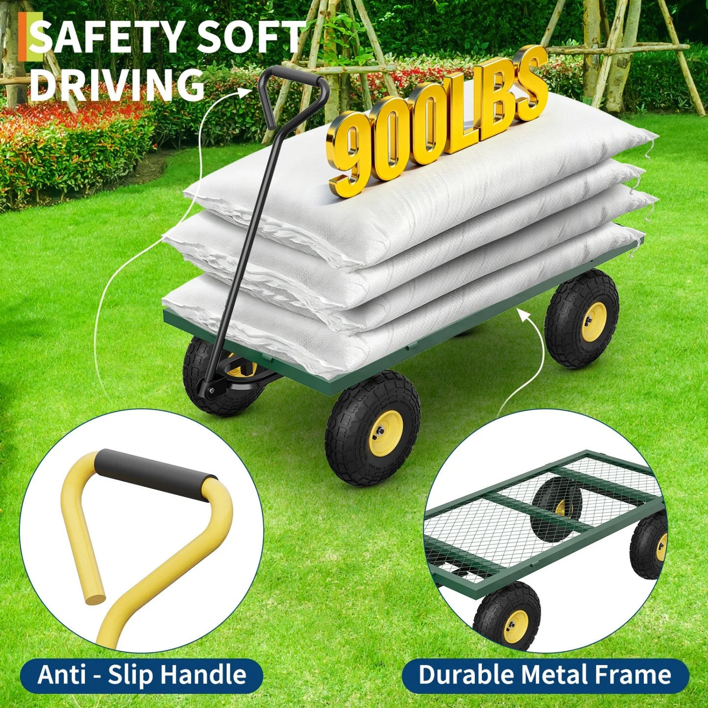 Heavy Duty 900 lbs Capacity Garden Cart Utility Wagon,10" Pneumatic Tires,Removable Sides & Adjustable Handle,for Camping,Patio