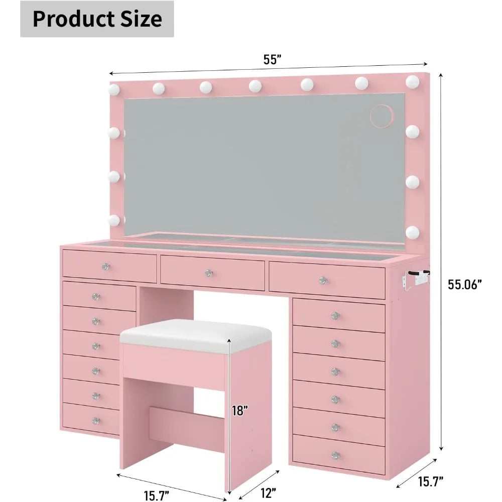 Vanity Desk Charging Station With Lighted Mirror 15 Drawers
