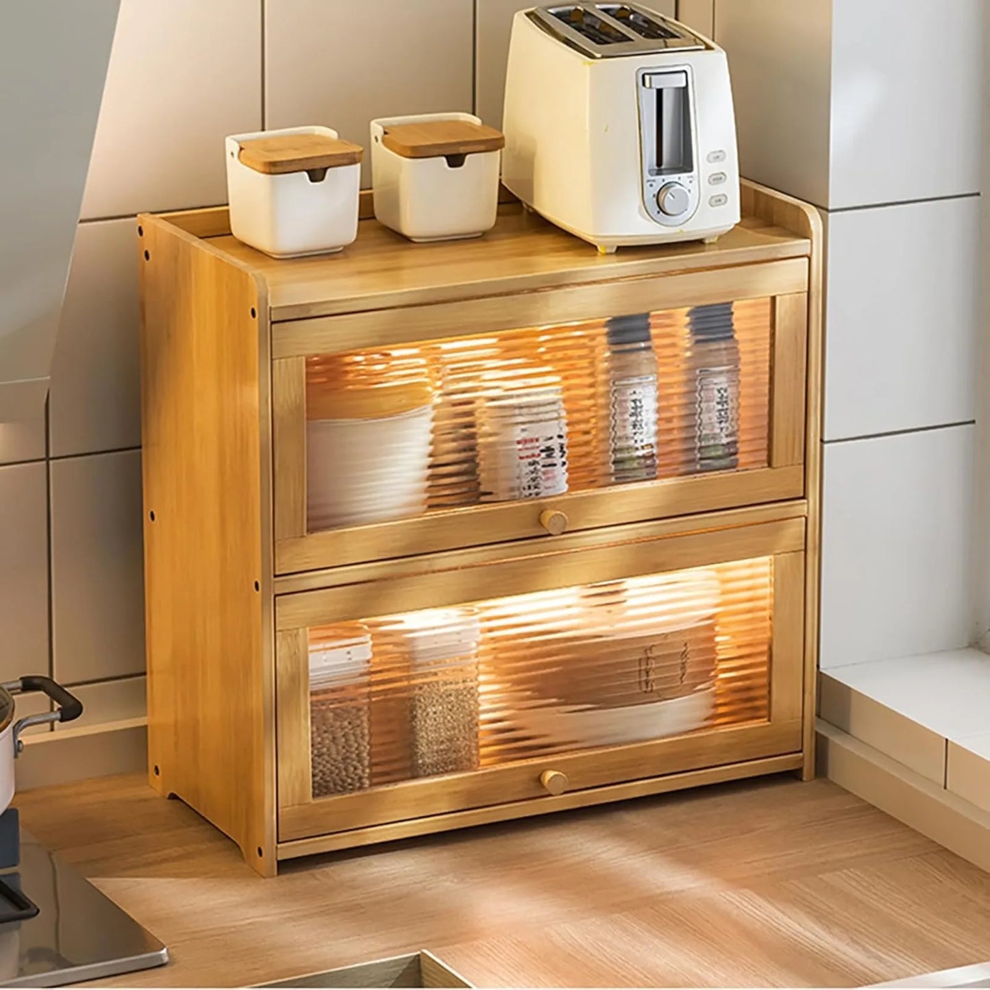 Bamboo Kitchen Storage Cabinet Countertop Organizer With Clear Sliding Doors
