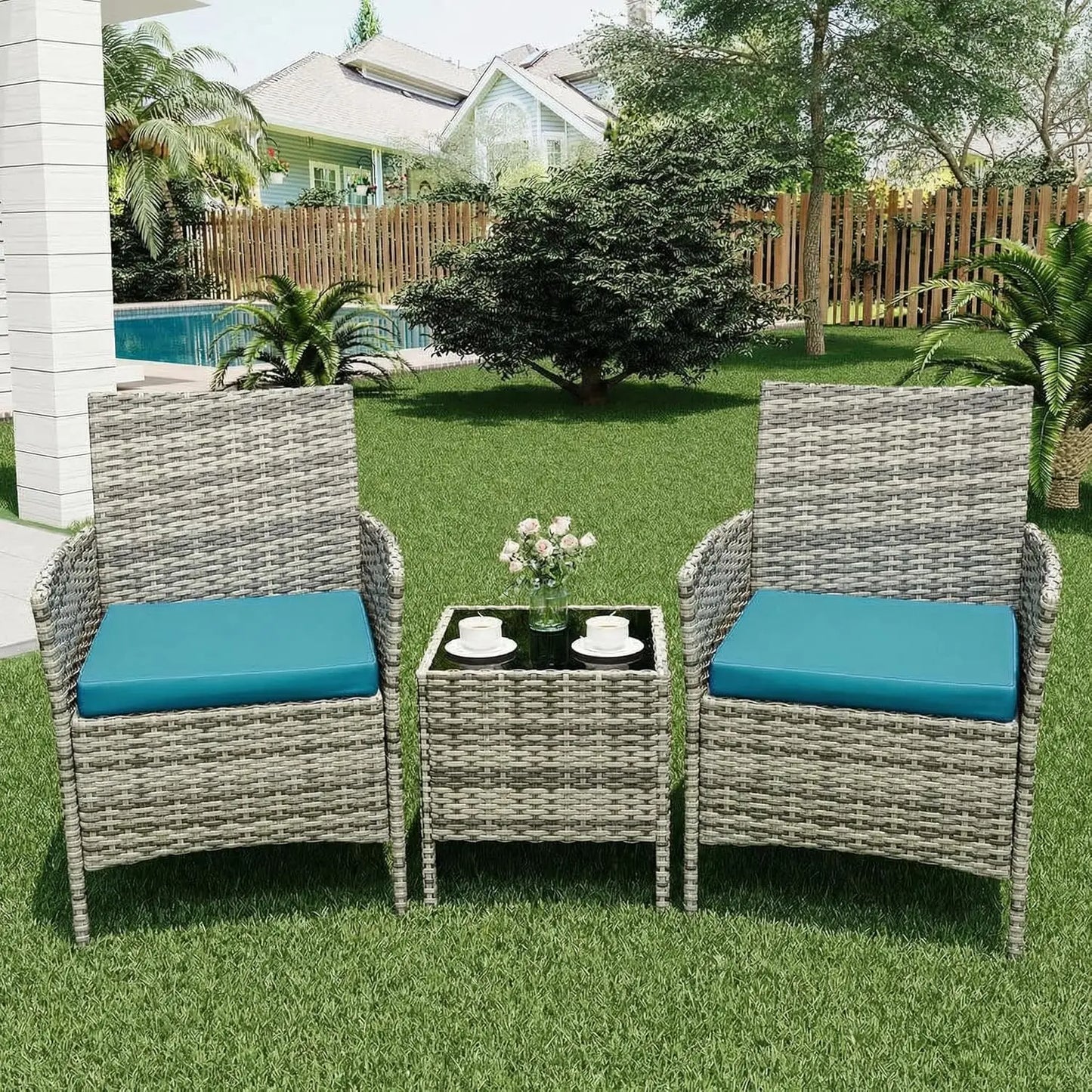 HiMISS 3-Piece Outdoor Wicker Patio Set With Glass Coffee Table