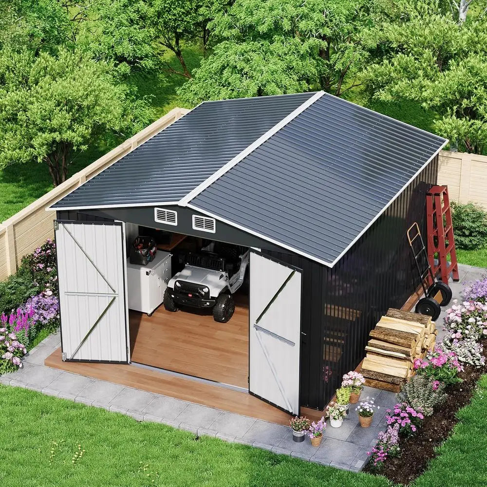 Gray 12x10 Outdoor Storage Shed - Metal Garden Shed for Backyard, Patio, and Lawn Storage
