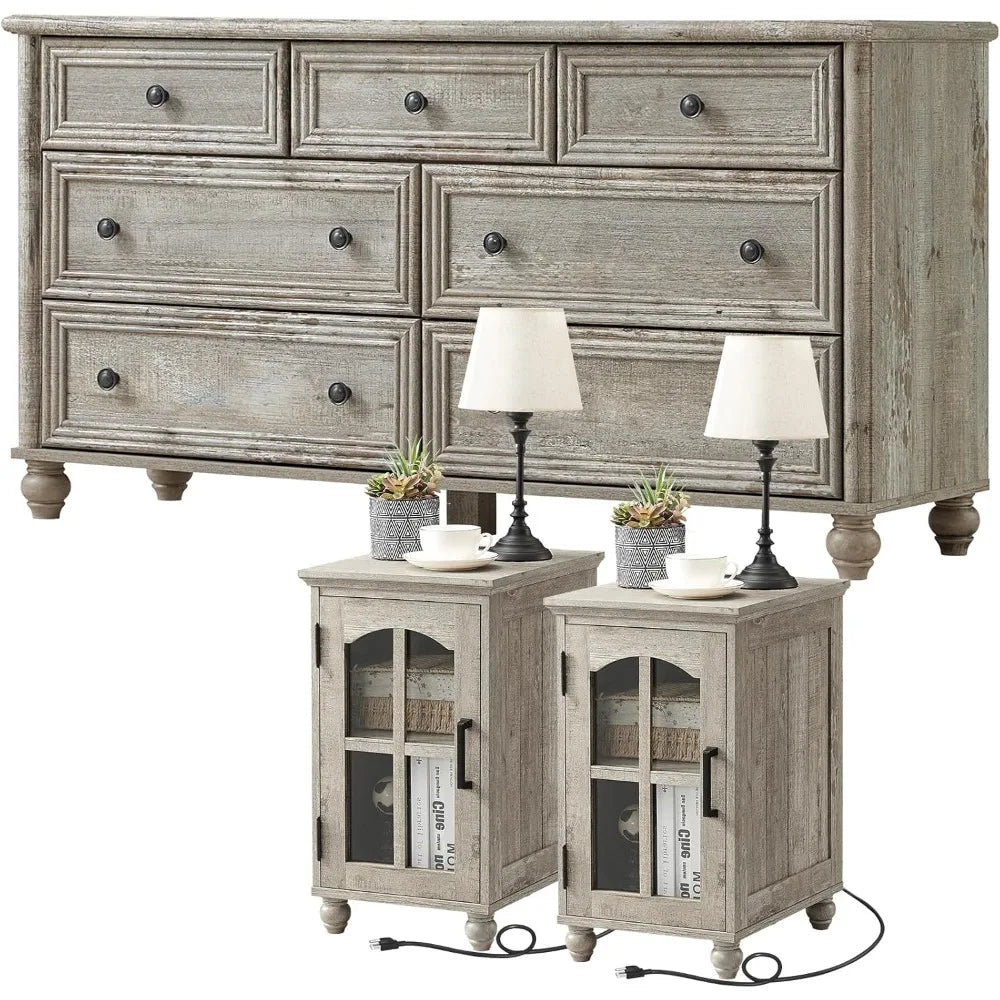 Farmhouse Dressers and Nightstand Set of 3, Wood 54" Wide 7 Drawer Dresser 14'' Narrow Side Table with Charging Station, Roman C