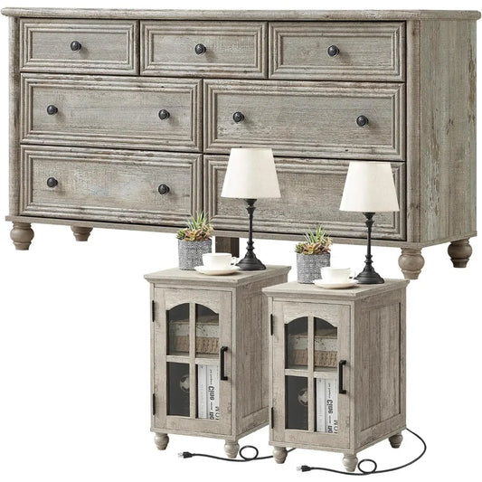 Farmhouse Dressers and Nightstand Set of 3, Wood 54" Wide 7 Drawer Dresser 14'' Narrow Side Table with Charging Station, Roman C
