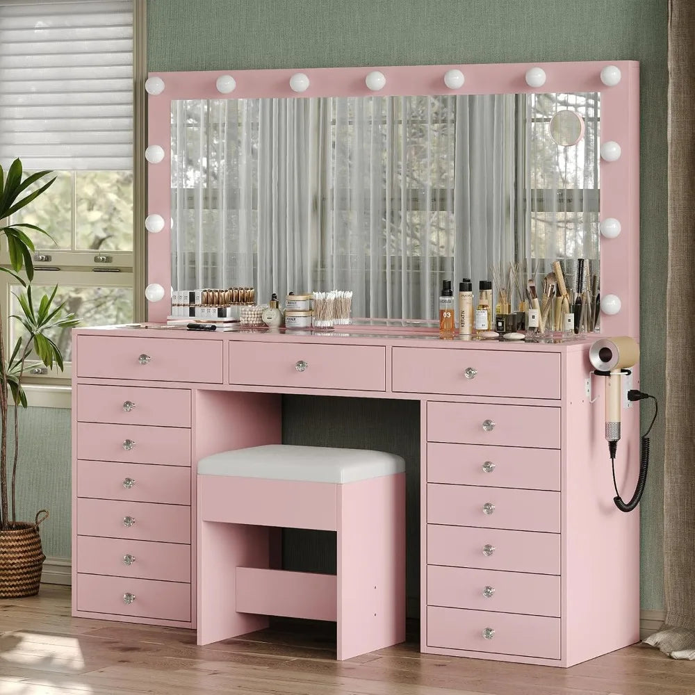 Vanity Desk Charging Station With Lighted Mirror 15 Drawers