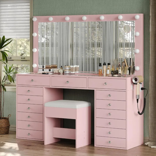 Vanity Desk Charging Station With Lighted Mirror 15 Drawers