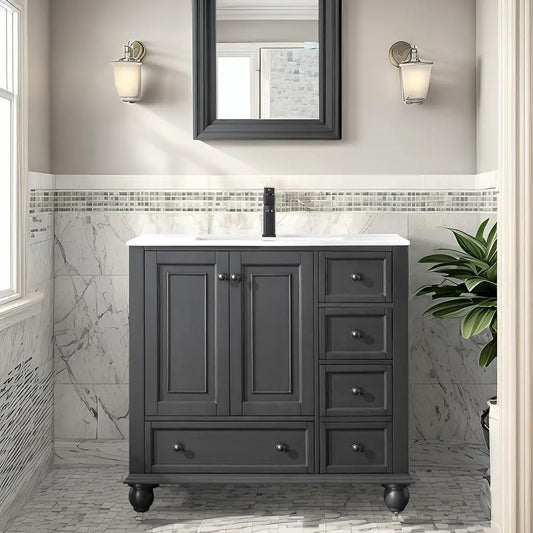 American Retro Classic Style Luxury Waterproof Wooden Bathroom Wash Storage Cabinet and Vanity