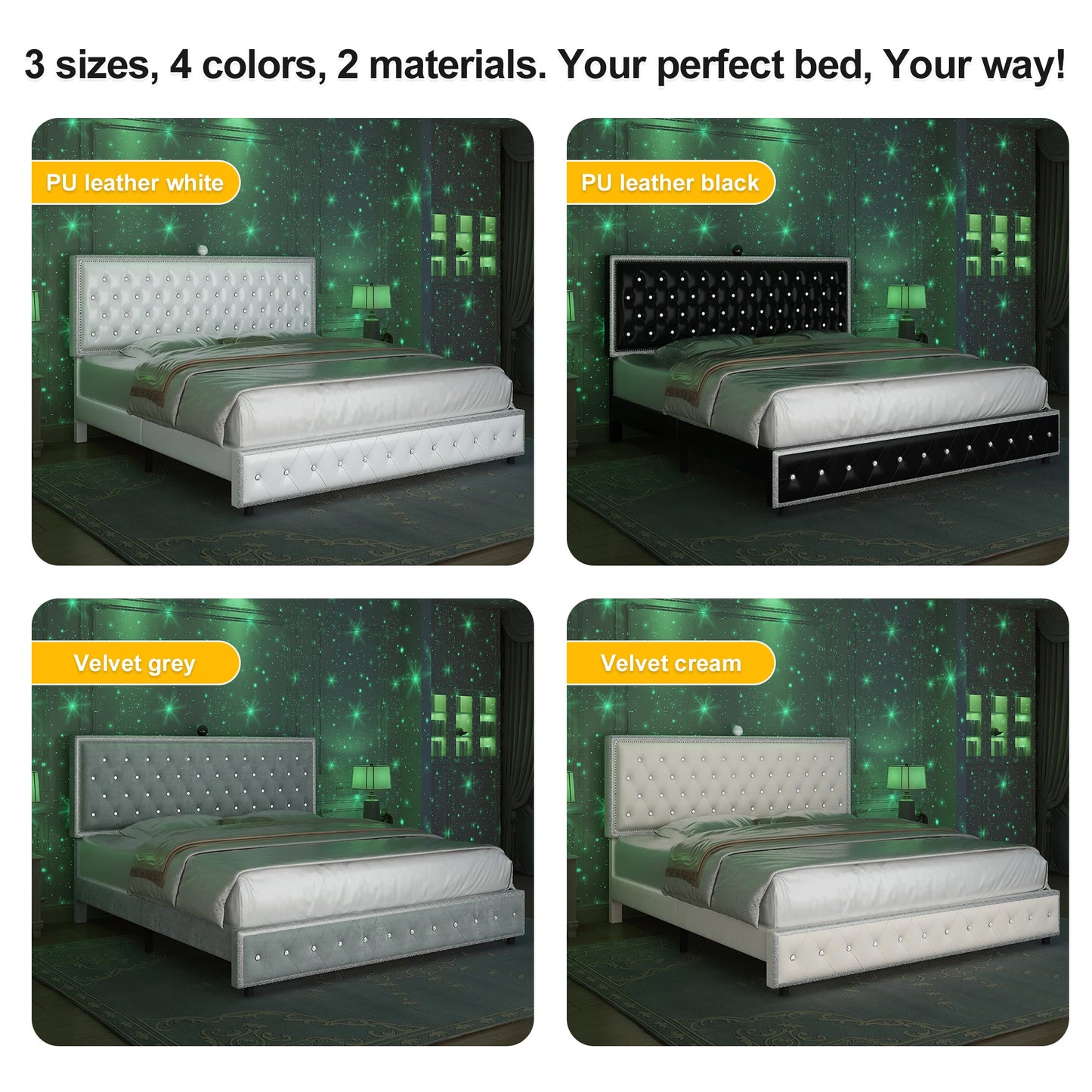 GEGOFORU LED Bed Frame With Galaxy Projector Rivet Trim Headboard