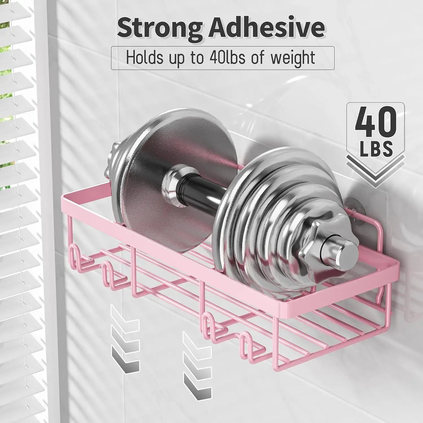 5-Pack Shower Caddy Organizer, Adhesive Pink Wall Shelf, Rustproof Stainless Steel Shampoo Holder