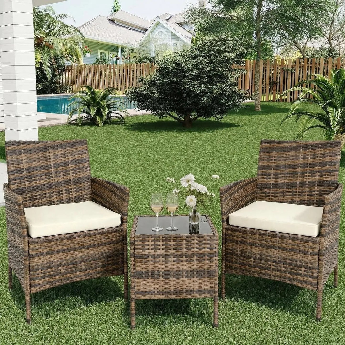 HiMISS 3-Piece Outdoor Wicker Patio Set With Glass Coffee Table