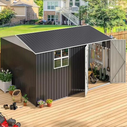 10X12 FT Outdoor Storage Shed, Metal Garden Shed with Updated Lockable Doors and Frame Structure, Large Tool Sheds for Backyard