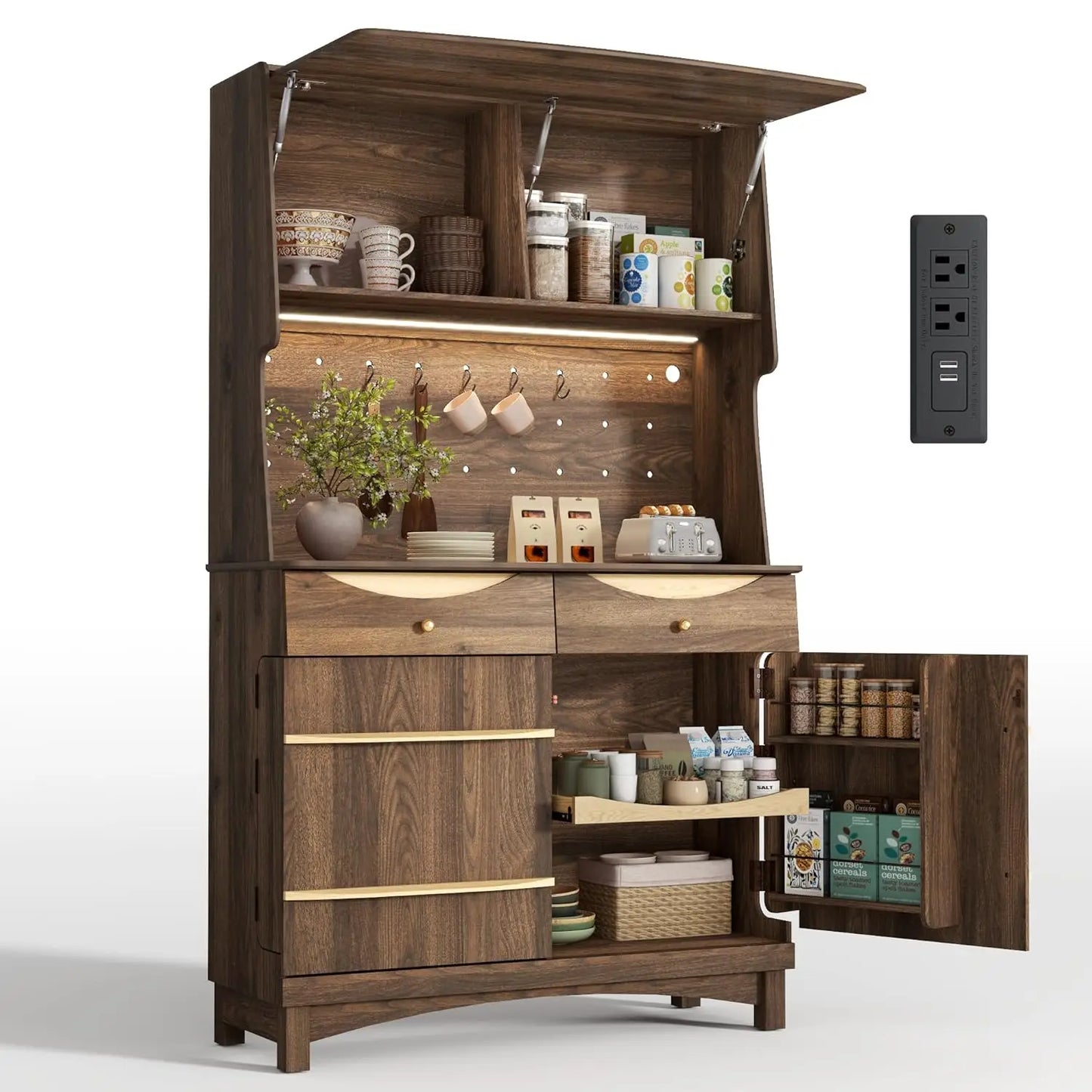 Huanzhuang Kitchen Pantry Cabinet With Power Outlets And LED Light