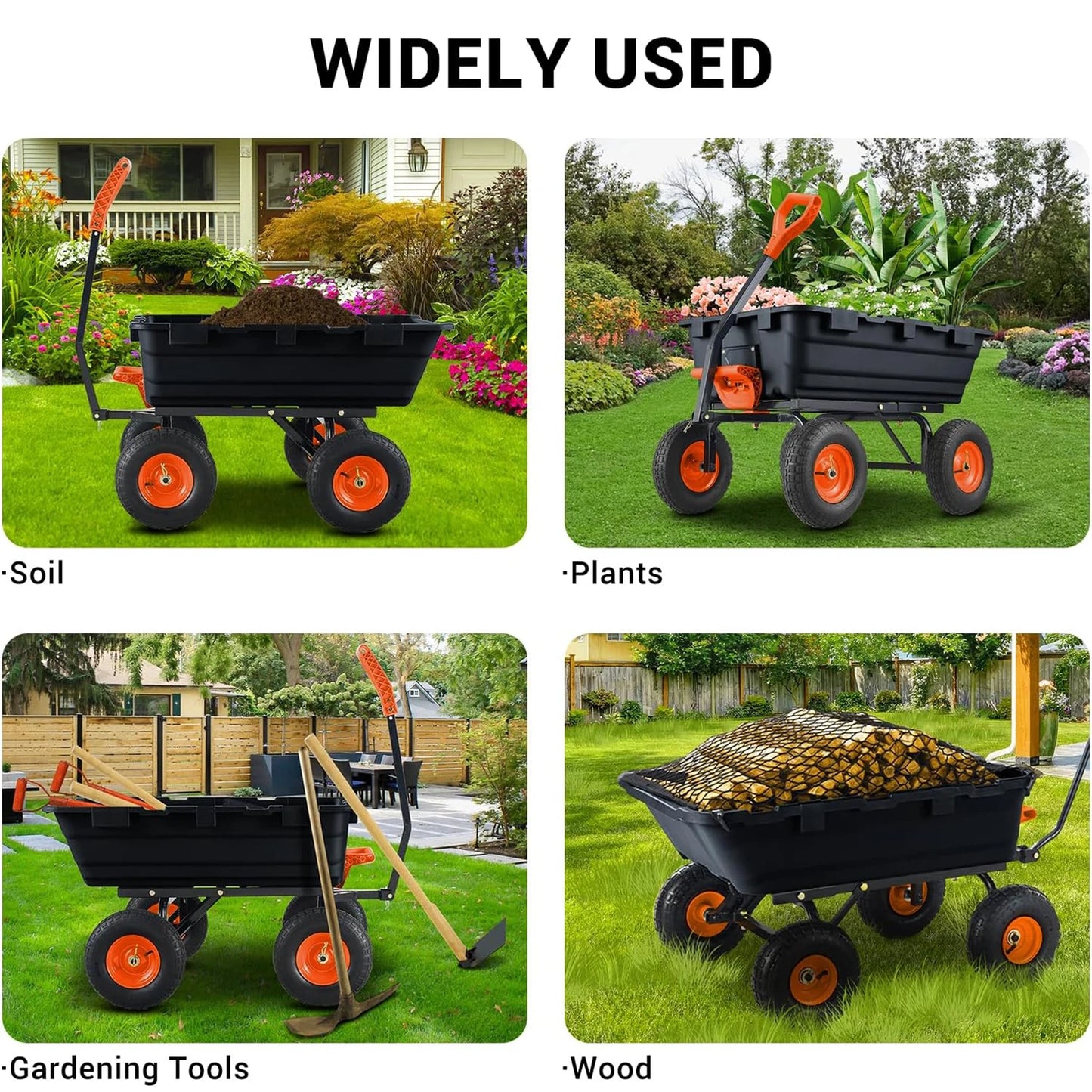900 Lb Poly Garden Dump Cart, Heavy-Duty Utility Garden Wagon on Wheels with 10-Inch All-Terrain Tyres, 180° Rotating Handle