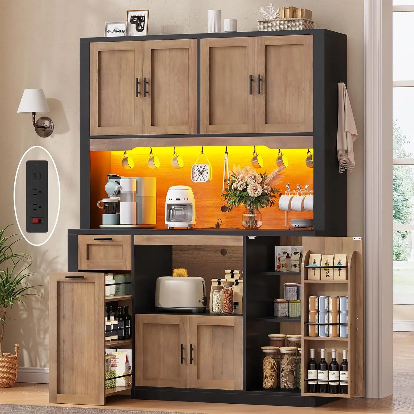 HUANZHUANG Pantry Cabinet With Charging Station And LED Light