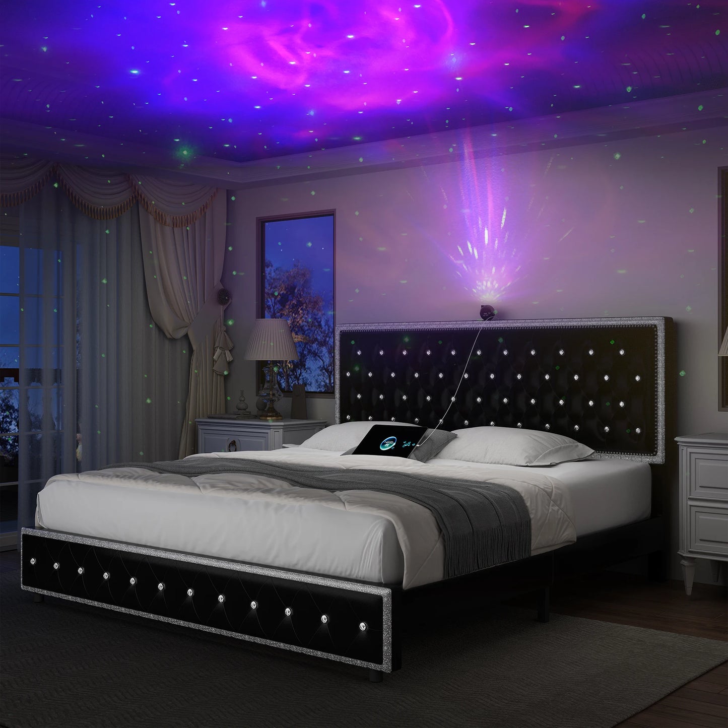 GEGOFORU LED Bed Frame With Galaxy Projector Rivet Trim Headboard