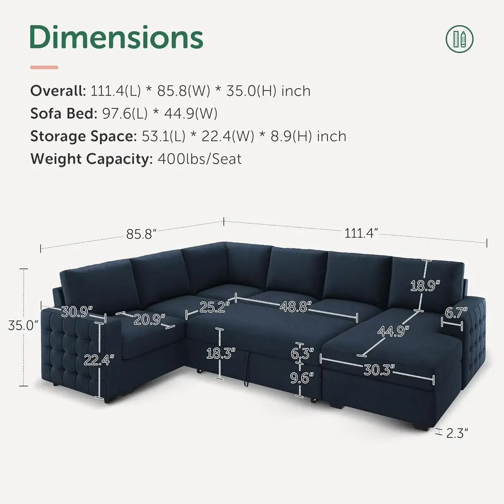 U-Shaped Sectional Sleeper Sofa With Pull-Out Bed And Storage Chaise Lounge