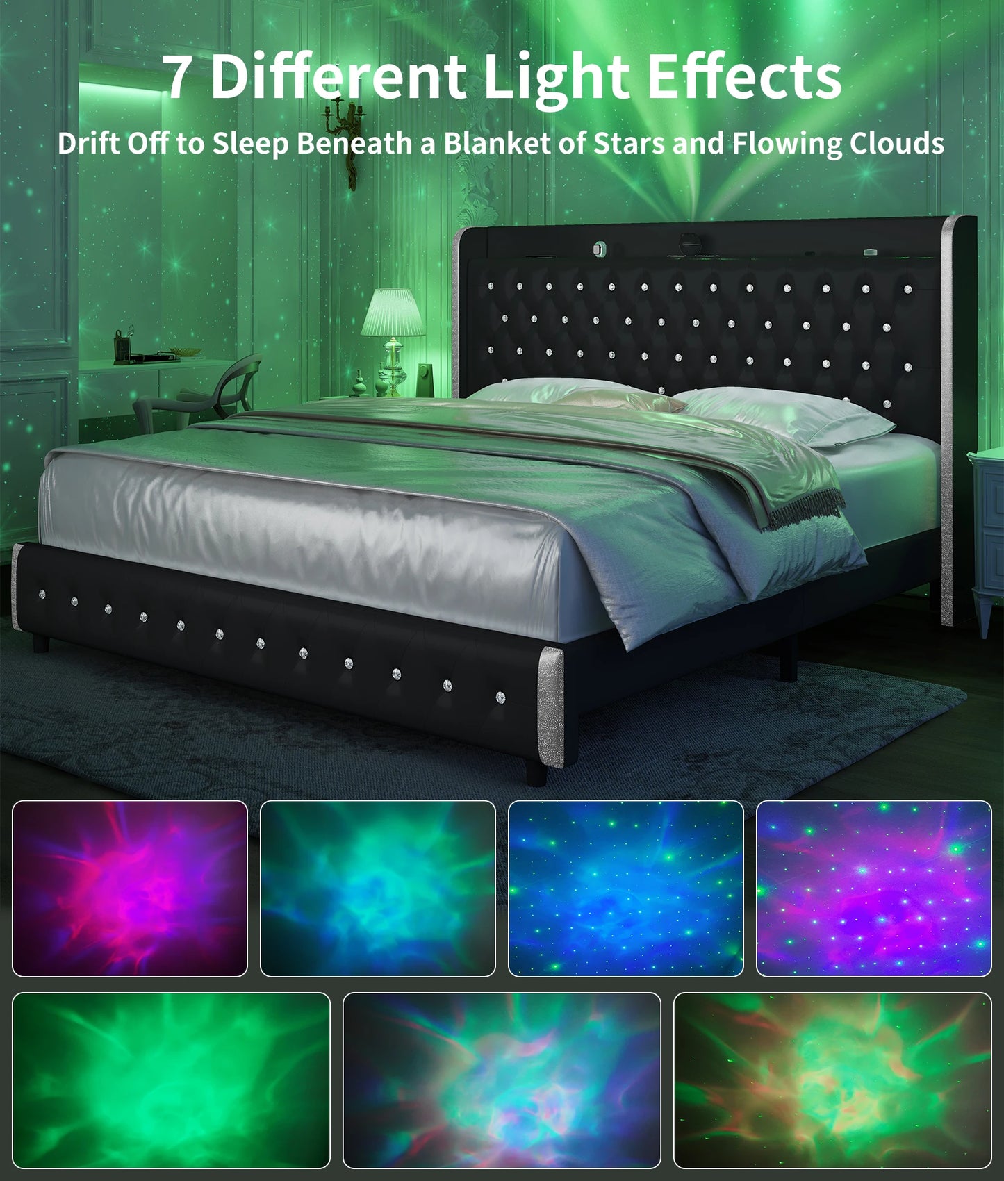 GEGOFORU LED Upholstered Bed Frame With Galaxy Headboard