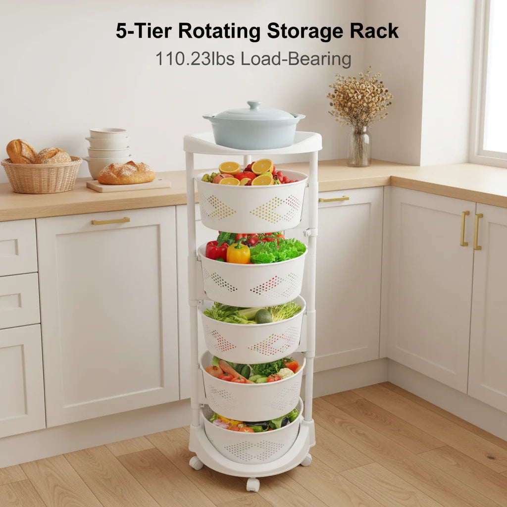 5-Tier Rotating Storage Rack With Casters Perforated Baskets