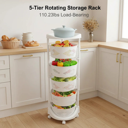 5-Tier Rotating Storage Rack With Casters Perforated Baskets
