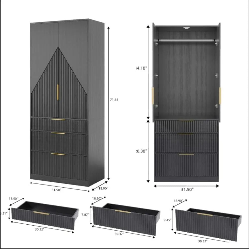 Wooden Wardrobe Armoire With Double Doors And Three Drawers
