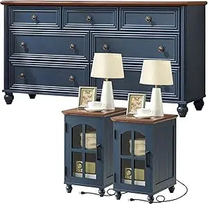 Farmhouse Dressers and Nightstand Set of 3, Wood 54" Wide 7 Drawer Dresser 14'' Narrow Side Table with Charging Station, Roman C