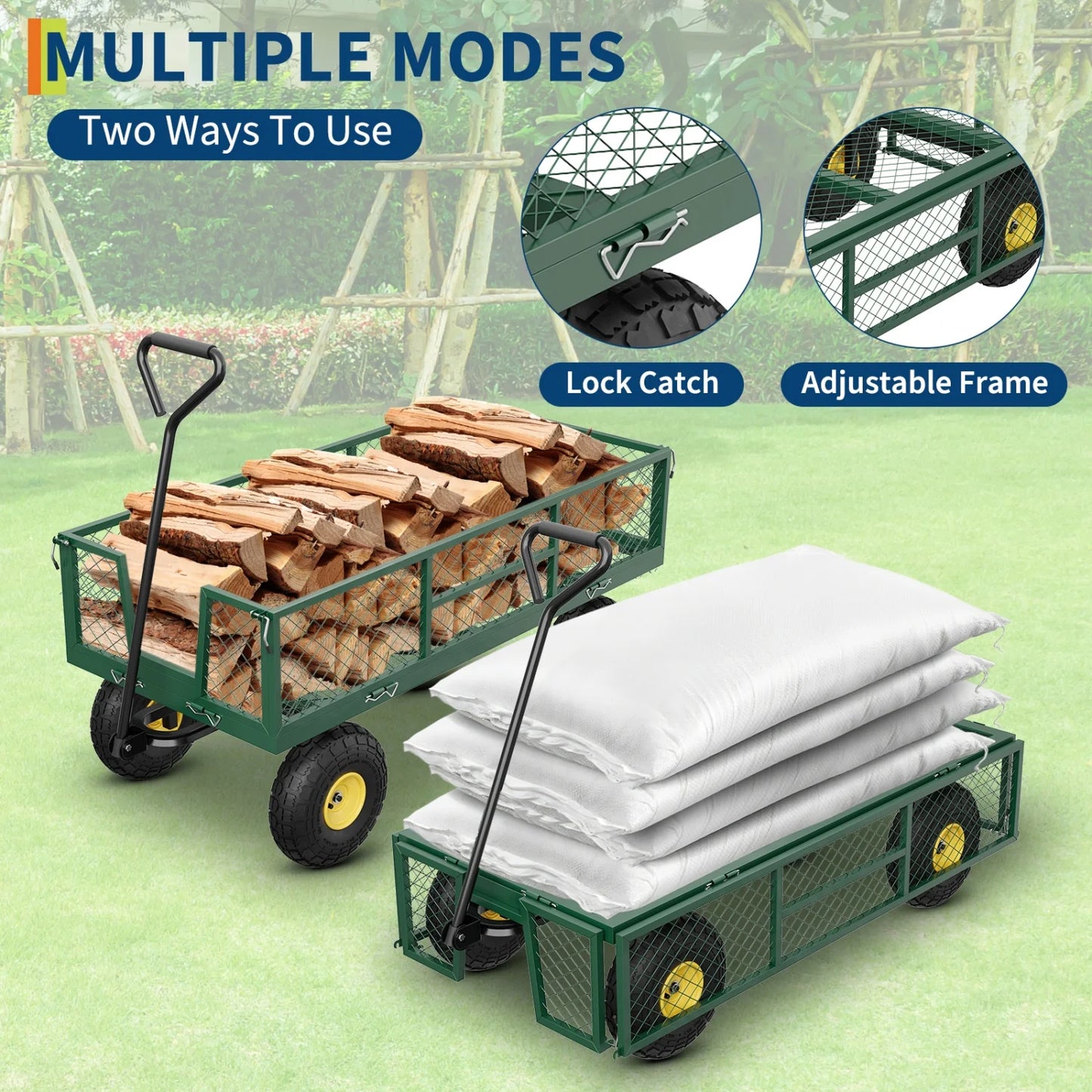 Heavy Duty 900 lbs Capacity Garden Cart Utility Wagon,10" Pneumatic Tires,Removable Sides & Adjustable Handle,for Camping,Patio