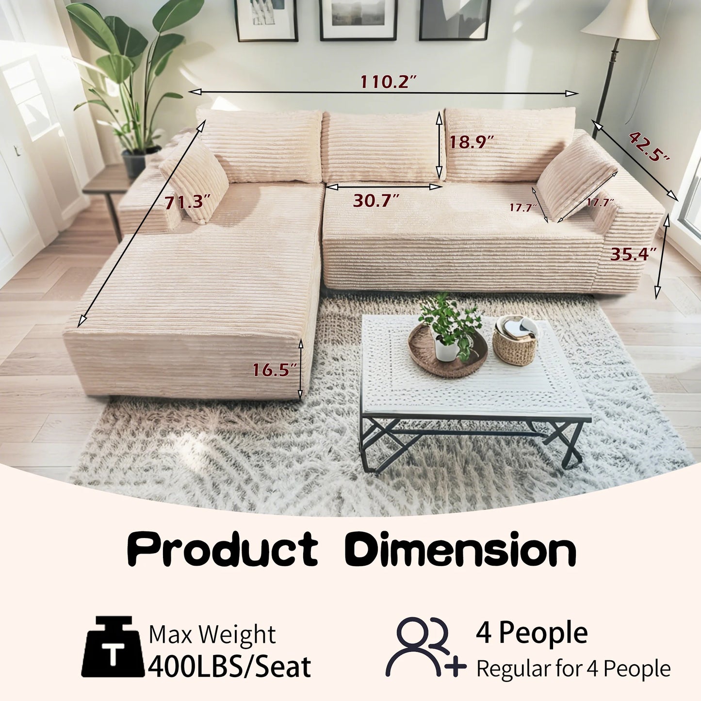 Cloud Like Corduroy Sectional Sofa With Built In Storage