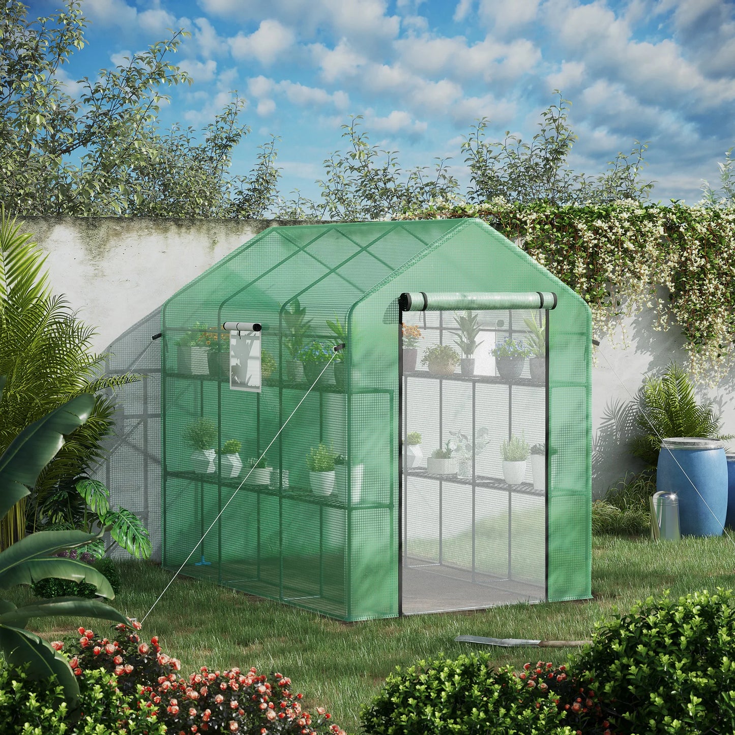 Outsunny Greenhouse With 2 Tier Shelf Steel Frame PE Cover