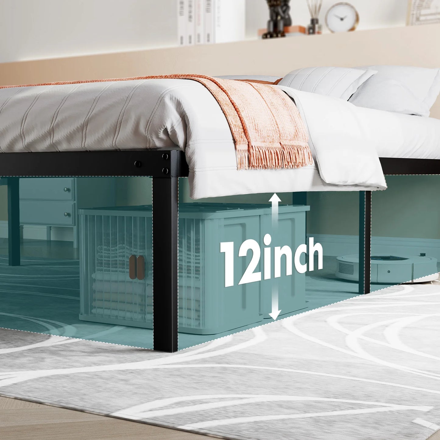 MCQ Basic Metal Bed Frame With Storage Platform Slat Support
