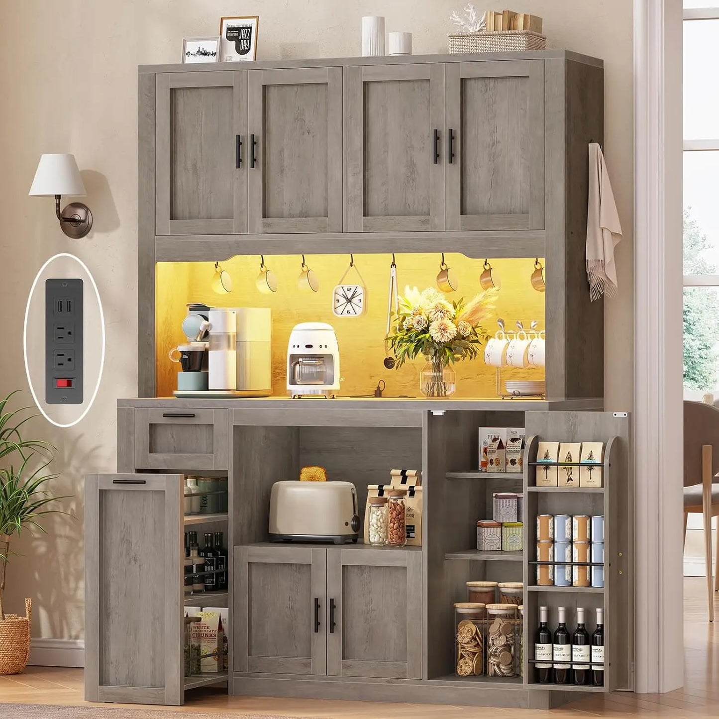 HUANZHUANG Pantry Cabinet With Charging Station And LED Light