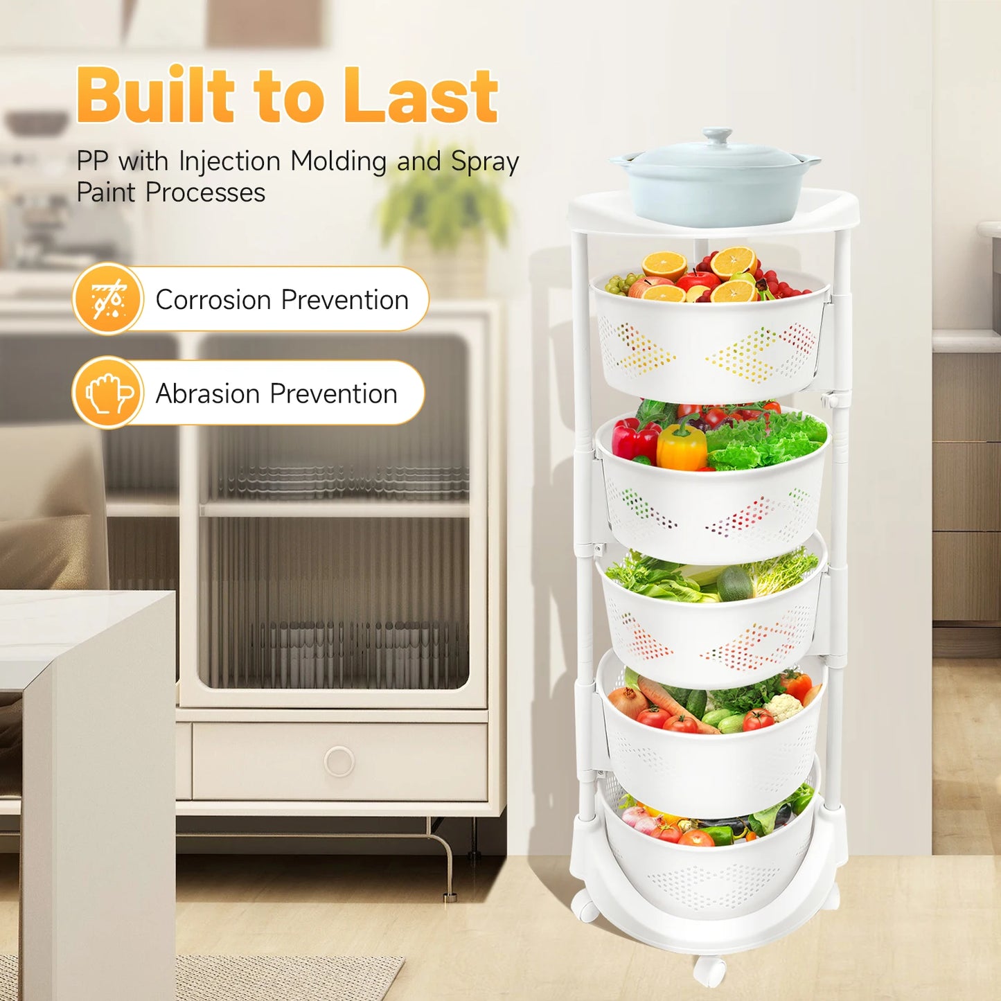 5-Tier Rotating Storage Rack With Casters Perforated Baskets
