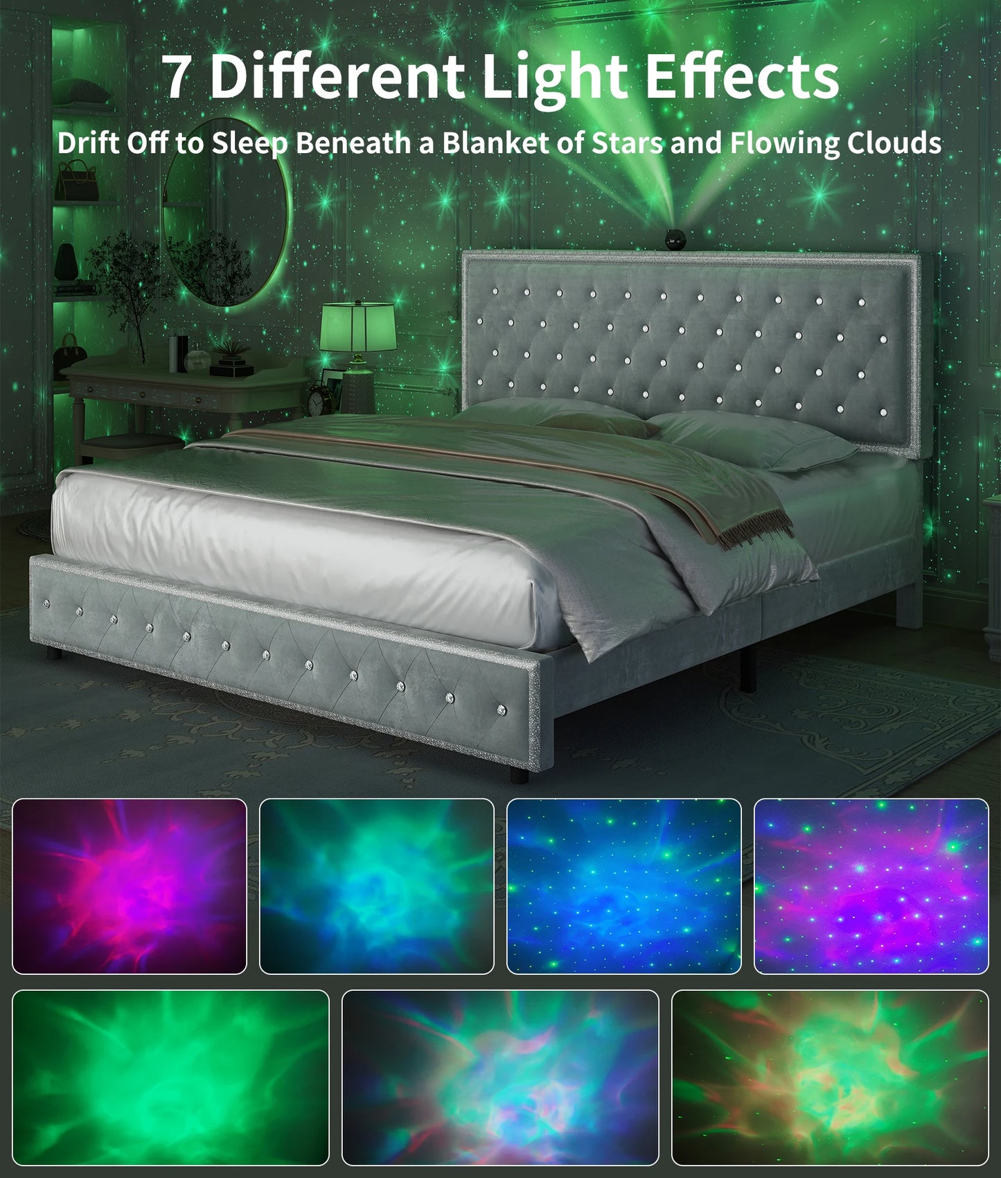 GEGOFORU LED Bed Frame With Galaxy Projector Rivet Trim Headboard