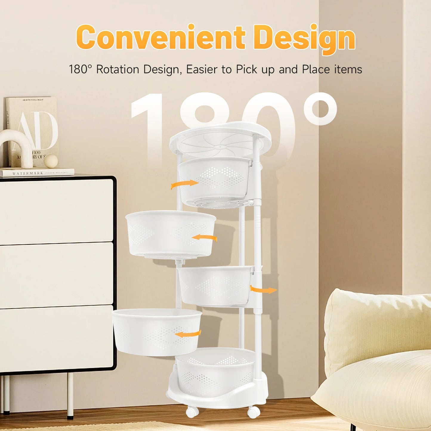 5-Tier Rotating Storage Rack With Casters Perforated Baskets