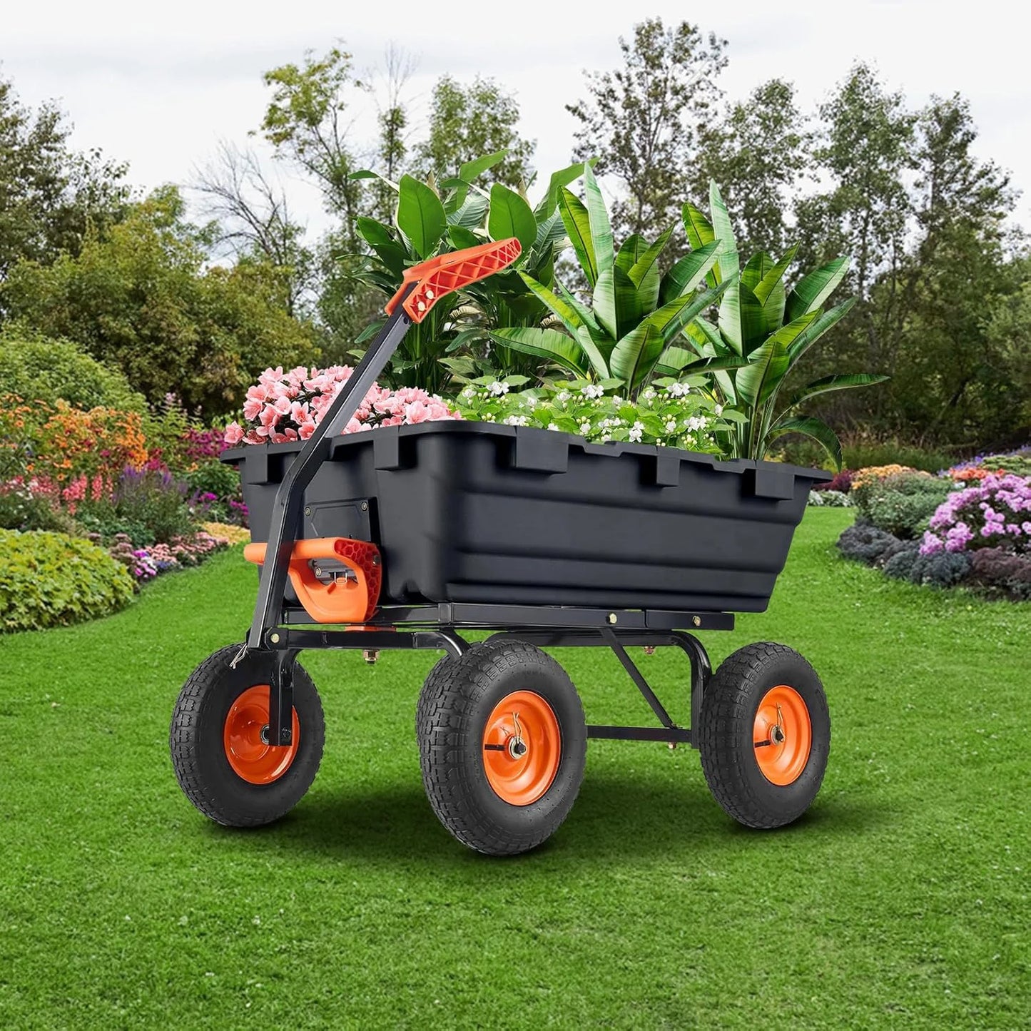 900 Lb Poly Garden Dump Cart, Heavy-Duty Utility Garden Wagon on Wheels with 10-Inch All-Terrain Tyres, 180° Rotating Handle