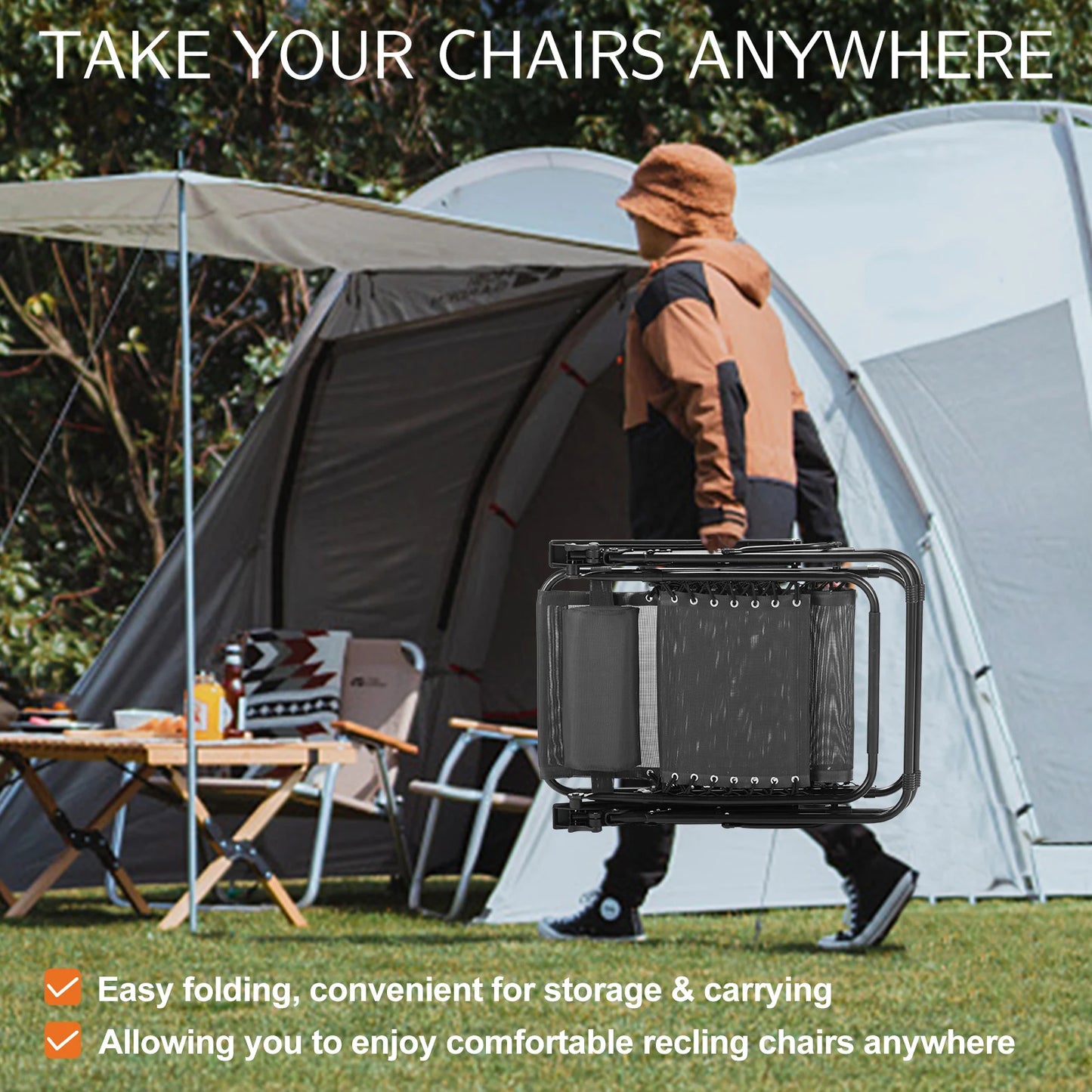 JHK Zero Gravity Portable Recliners 2-Pack With Cup Holders