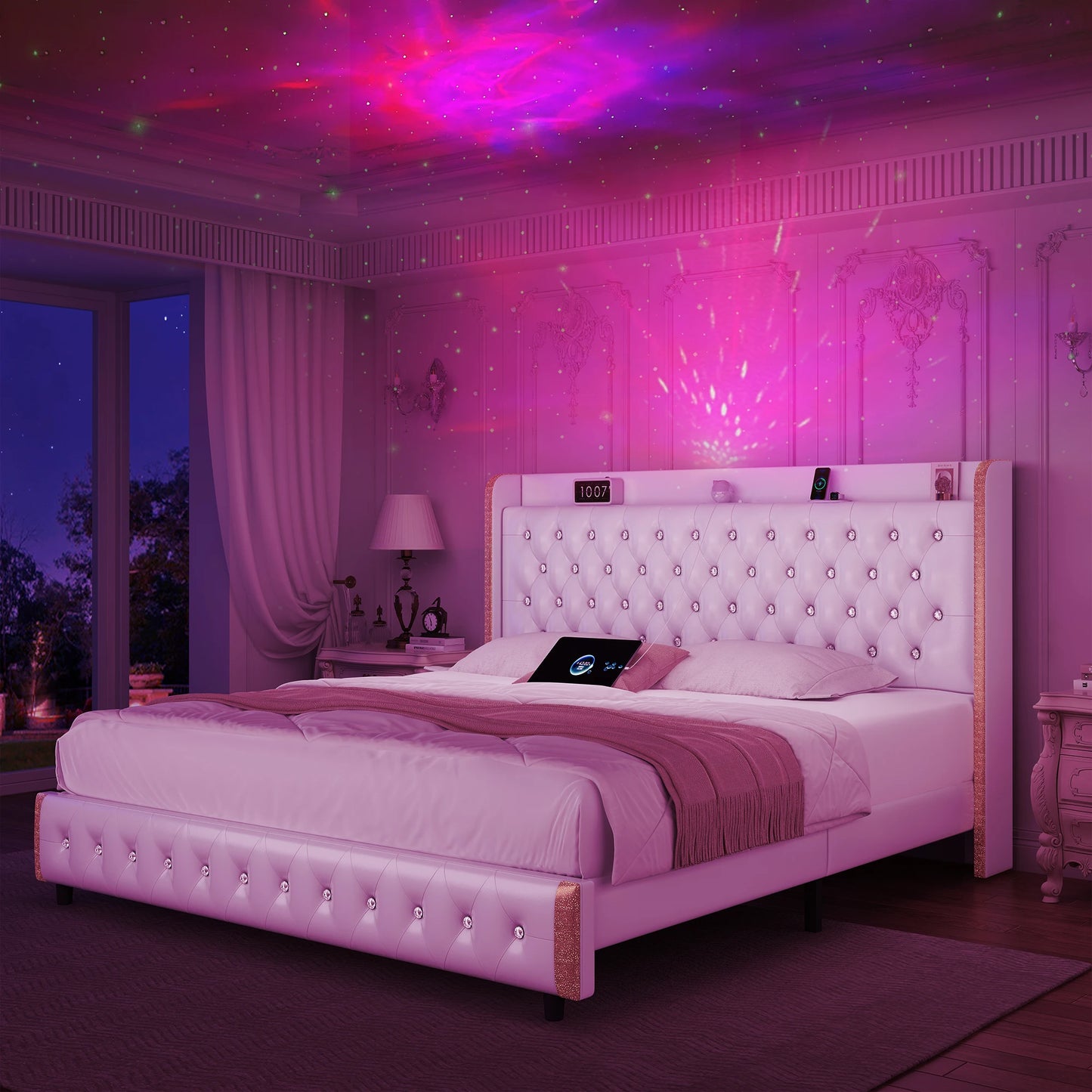 GEGOFORU LED Upholstered Bed Frame With Galaxy Headboard