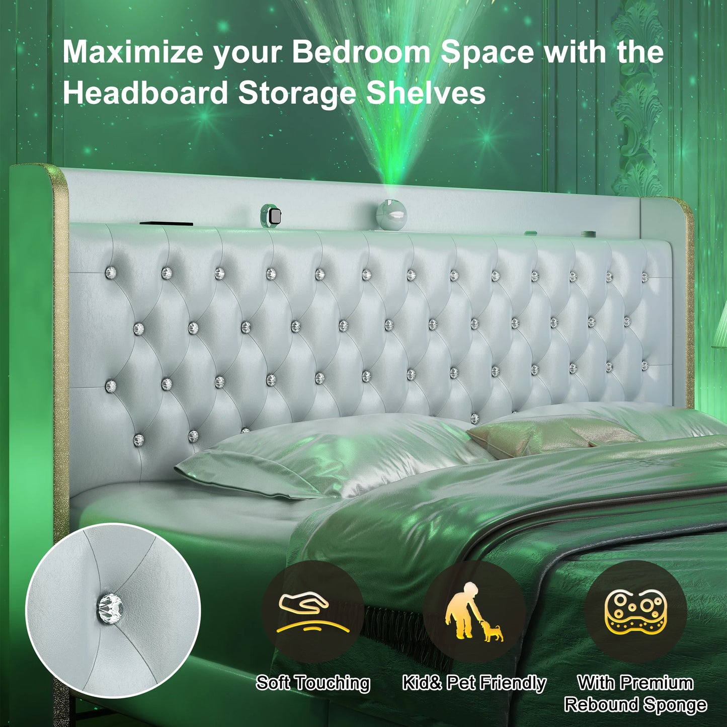 GEGOFORU LED Upholstered Bed Frame With Galaxy Headboard