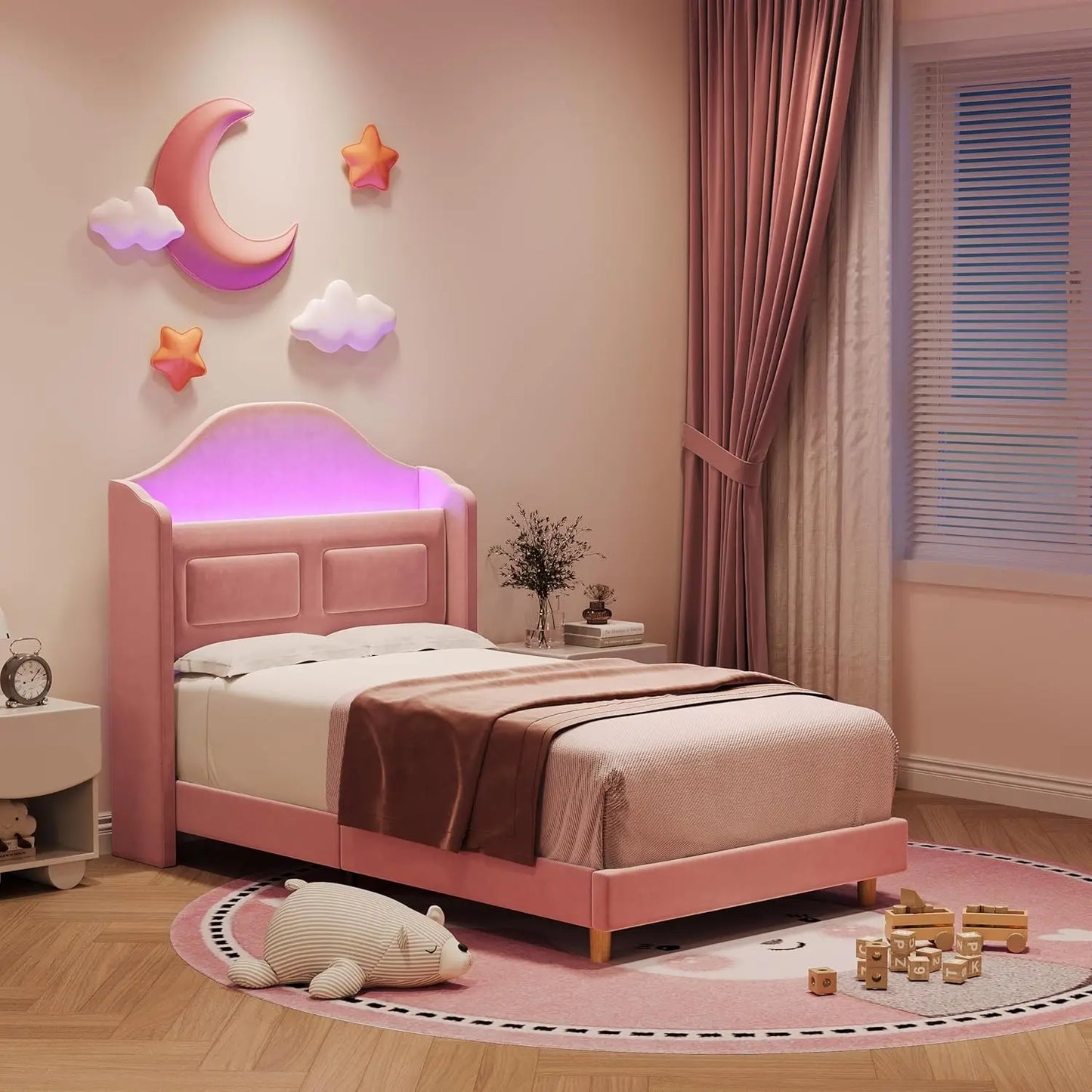 HiMISS Upholstered Bed Frame With LED Lights And Storage Headboard