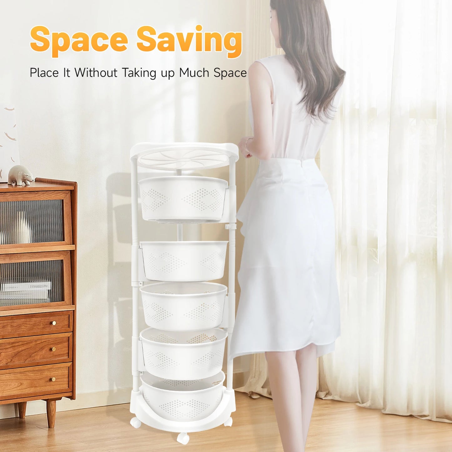 5-Tier Rotating Storage Rack With Casters Perforated Baskets