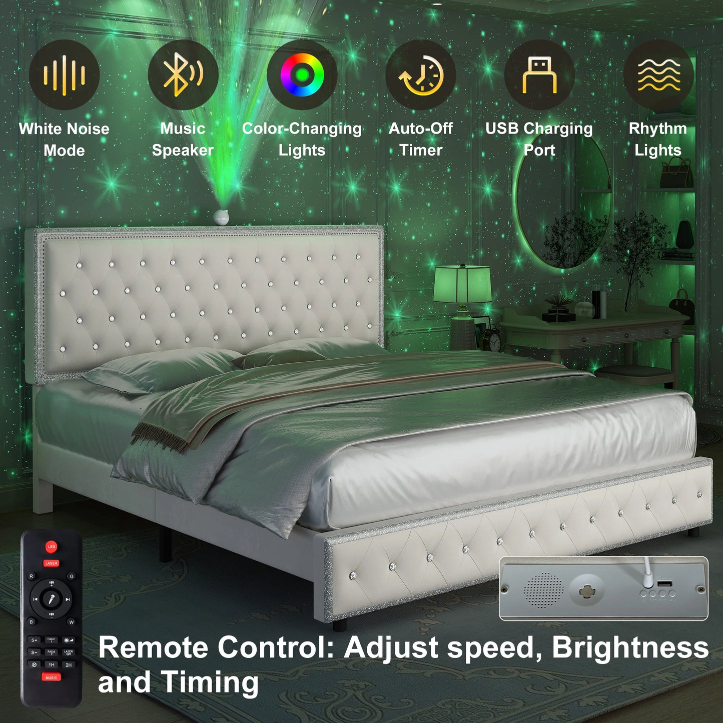 GEGOFORU LED Bed Frame With Galaxy Projector Rivet Trim Headboard