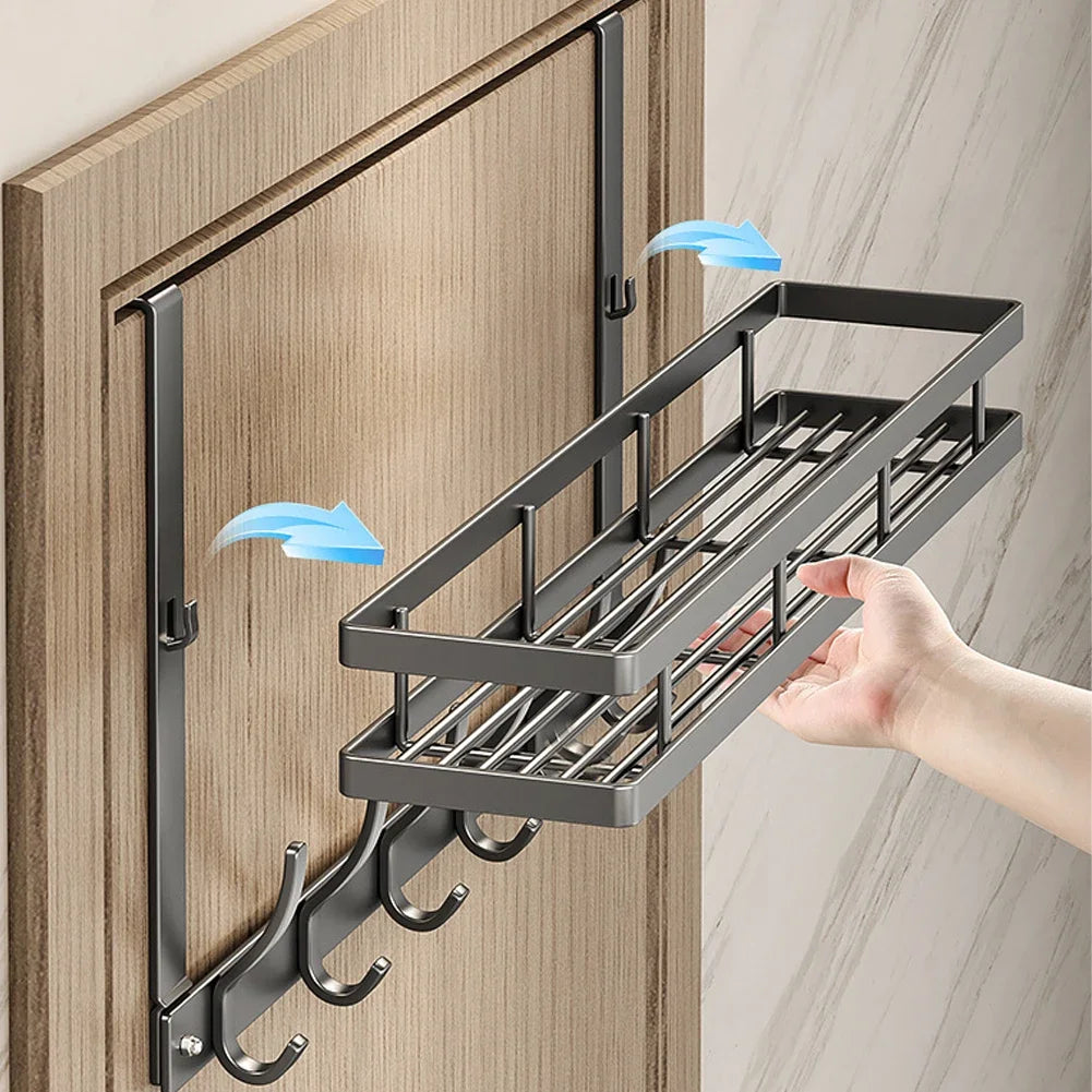 Aluminum Over-The-Door Storage Rack With 6 Hooks And Basket