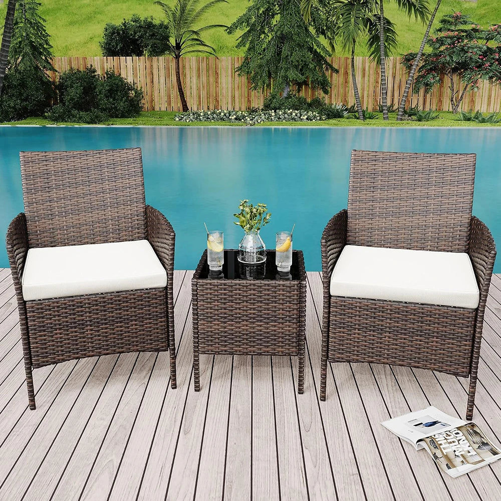 HiMISS 3-Piece Outdoor Wicker Patio Set With Glass Coffee Table