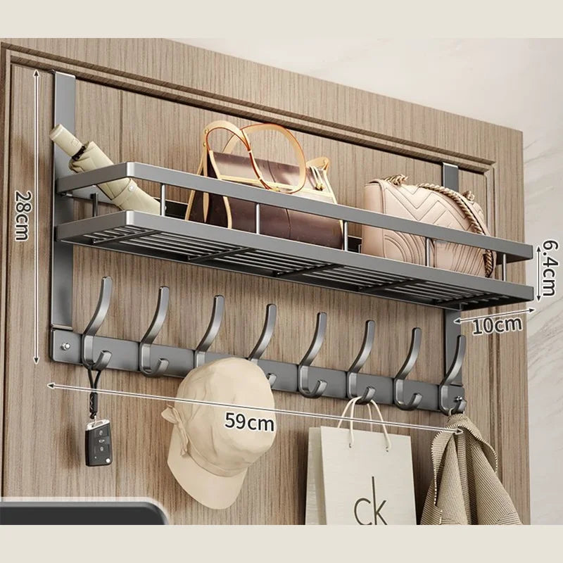 Aluminum Over-The-Door Storage Rack With 6 Hooks And Basket